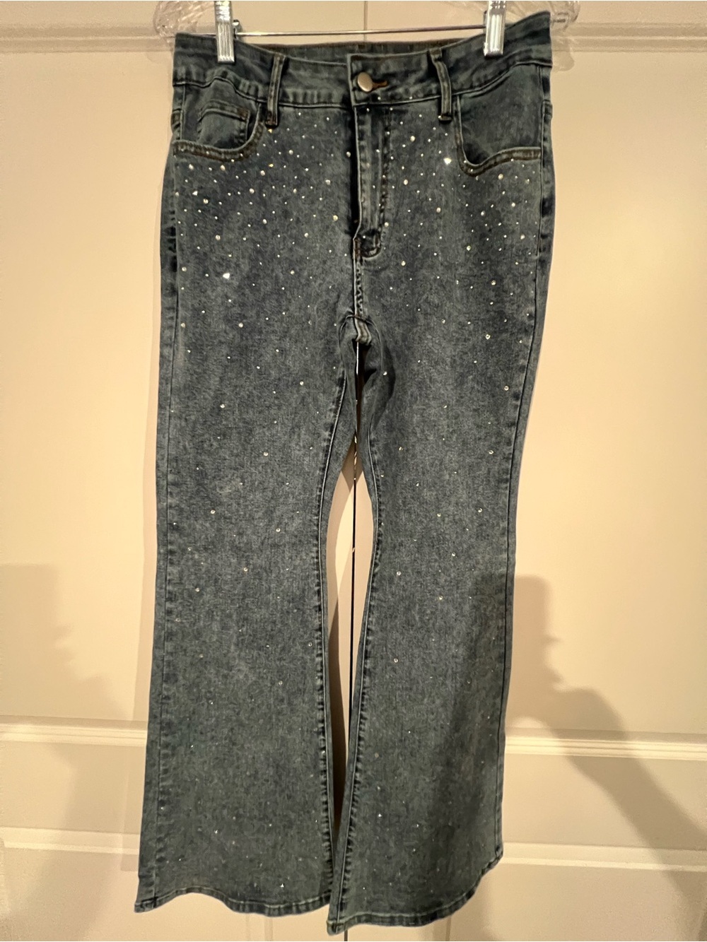 SHEIN Dark Blue Flare Jeans with Crystal Studs
